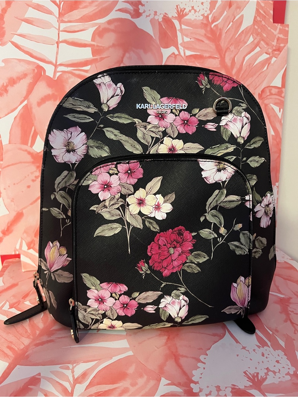 Karl Lagerfeld Black Floral Backpack Purse
